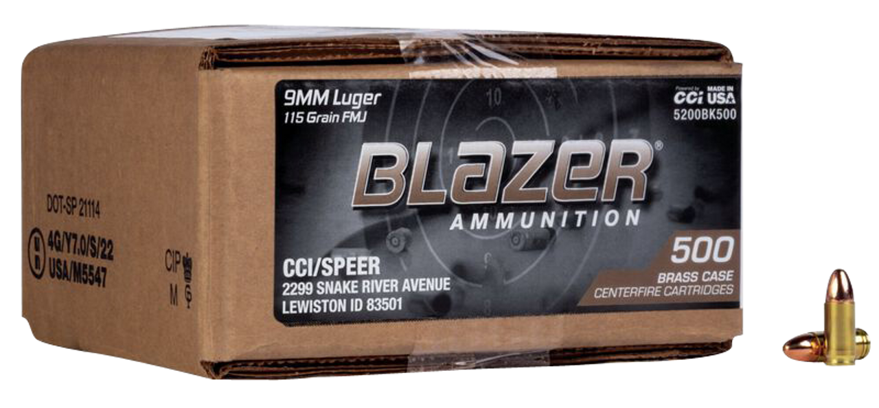 CCI Blazer Brass Handgun 9mm, 115gr, FMJ 500Bx 1Cs