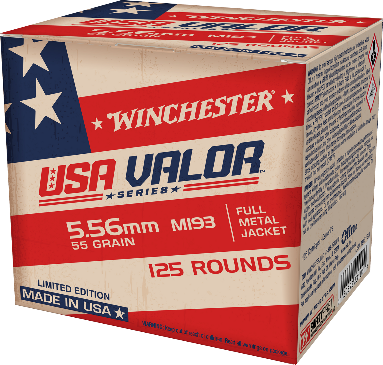 Winchester USA Valor 5.56x45mm, 55gr, M193, Full Metal Jacket, 125rd Box
