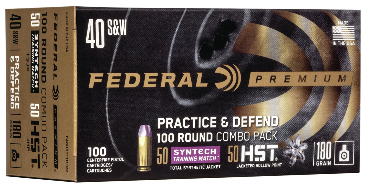 Federal Premium Practice & Defend 40 Smith & Wesson, 180gr, Syntech TSJ, HST JHP 100rd