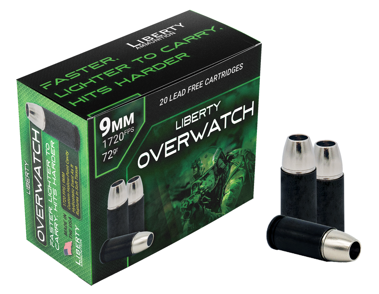 Liberty Ammunition OverWatch Defense 9mm, 72gr OCD, 20Bx 50Cs