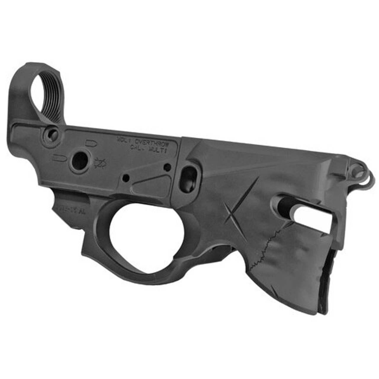 Sharps Bros Overthrow Stripped Lower Receiver – AR-15 Multi-Caliber | Black Hardcoat Anodized | Spartan Helmet Design