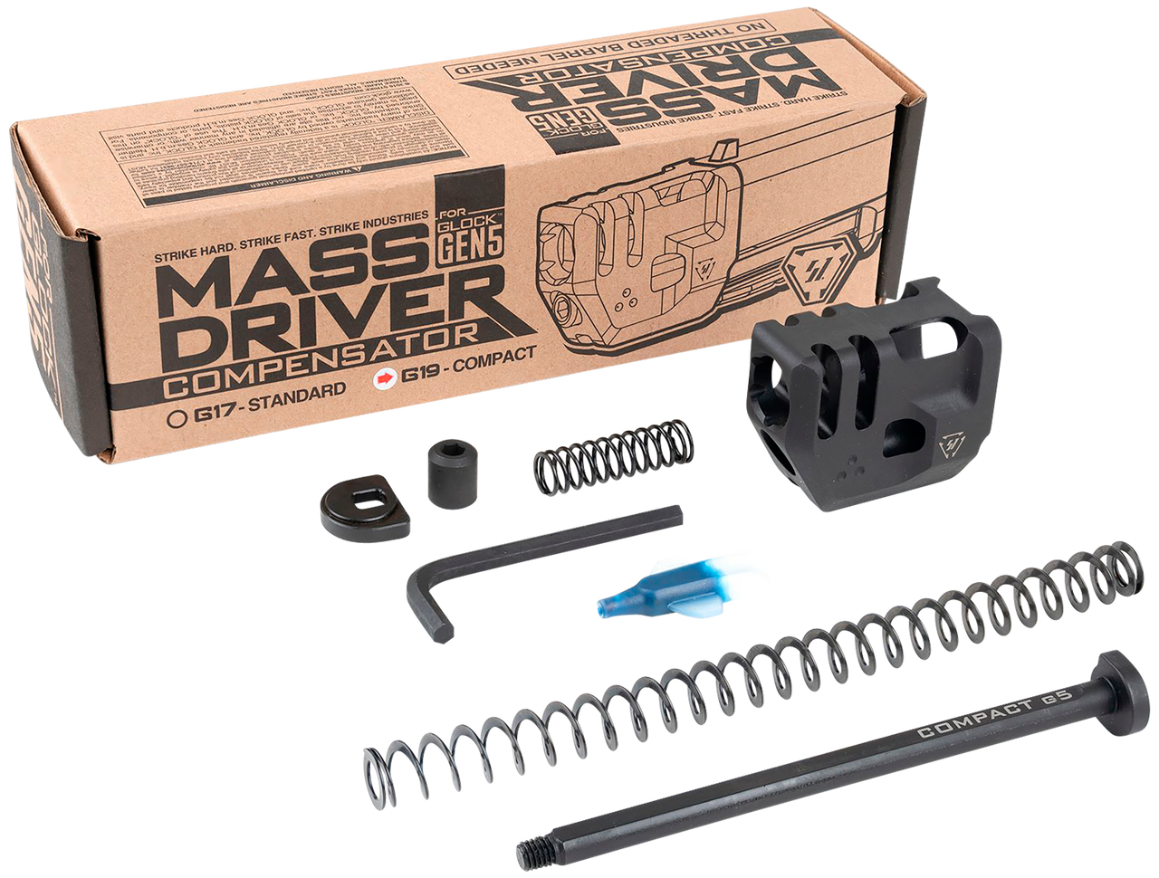 Strike Mass Driver Comp, 9mm, Fits Glock 19 Gen 5, Includes Recoil Spring/Guide Rod/Guide Rod Fitment Washer/Guide Rode Head, Black