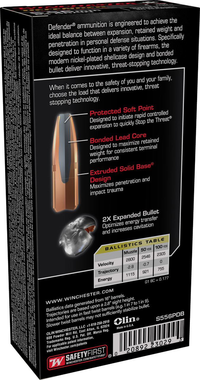 Winchester Defender 5.56x45mm 64gr, Bonded Solid Base 20rd